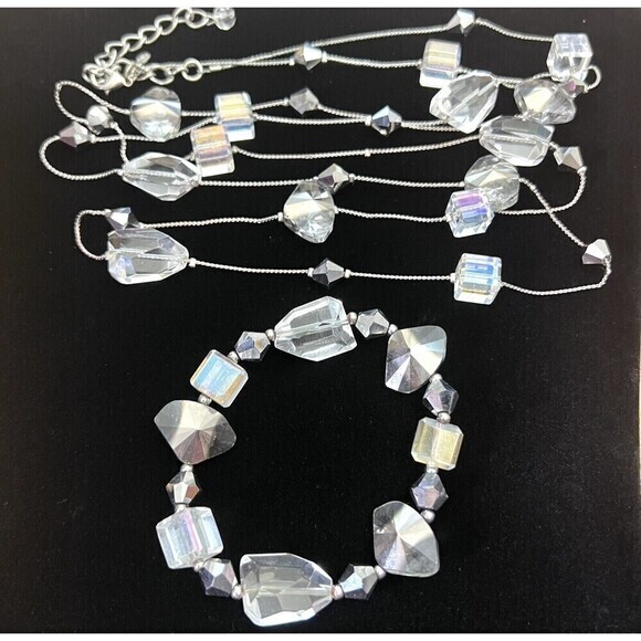 PREMIER DESIGNS Long Silver Tone Ice Crystal Bead Necklace and Bracelet 48" + 3" - Picture 1 of 12